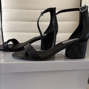 Steve Madden Irenee Black Leather Ankle-Strap Block Heel Sandals